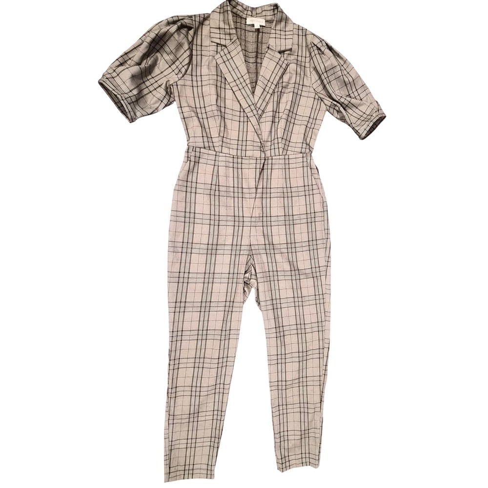 Honey Punch Grey Plaid Jumpsuit Small Puff Sleeve Glen Check Tapered Leg Pockets